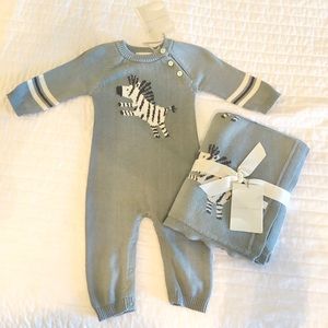 NWT Elegant Baby Zebra Knit Jumpsuit & Blanket